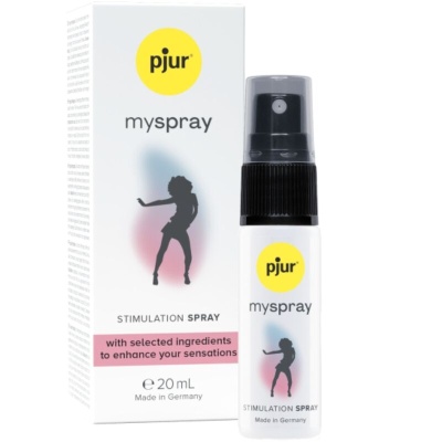 Frasco e caixa de spray estimulante pjur myspray branco e preto com texto e figura