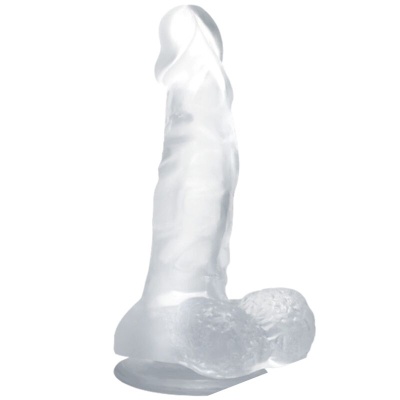Dildo translúcido com textura e base em formato de testículos