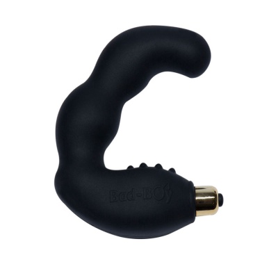 Vibrador preto em silicone curvo com base dourada e botão preto