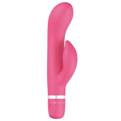 Vibrador cor-de-rosa anatómico com base branca e texto b swish