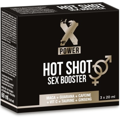 Embalagem preta do suplemento X Power Hot Shot Sex Booster com texto branco e dourado