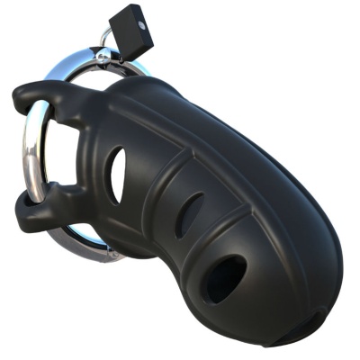 Dispositivo de contenção masculino em plástico preto com cadeado preto e argola metálica prateada
