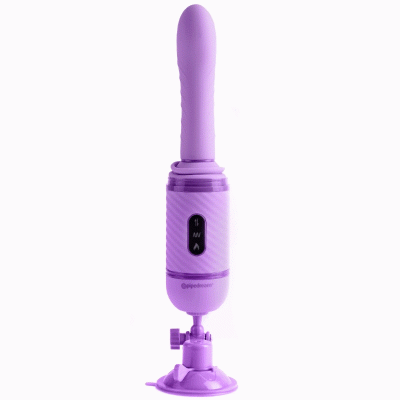 Vibrador lilás em silicone com ventosa e botões num fundo branco
