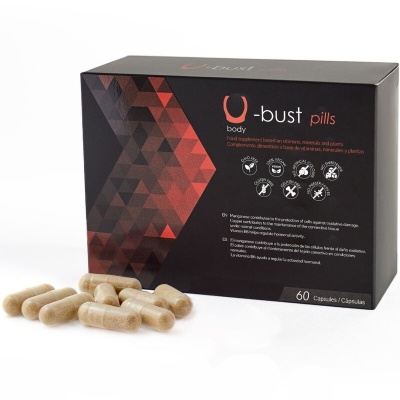 Suplementos U-bust pills em cápsulas com embalagem preta e detalhes vermelhos.