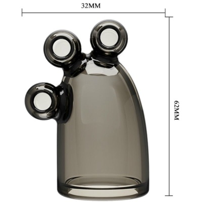 Objeto cinza translúcido com três anéis circulares e medidas 62x32mm