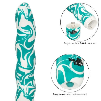 Vibrador azul e branco com padrão abstrato e botão de controlo