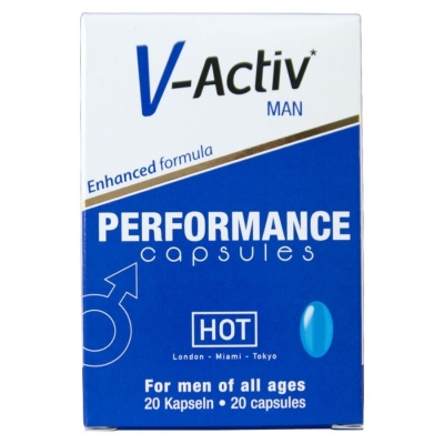 Embalagem azul e branca de cápsulas V-Activ Man Performance para homens