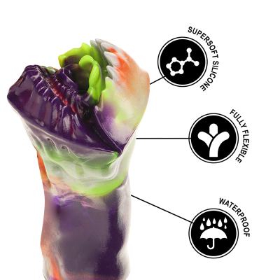 Produto flexível e multicolorido em silicone com texto explicativo