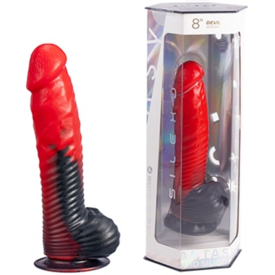 Dildo vermelho e preto com textura veias e base em caixa transparente