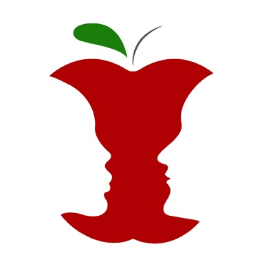 Silhuetas de rostos humanos dentro da forma de uma maçã vermelha com folha verde e caule preto