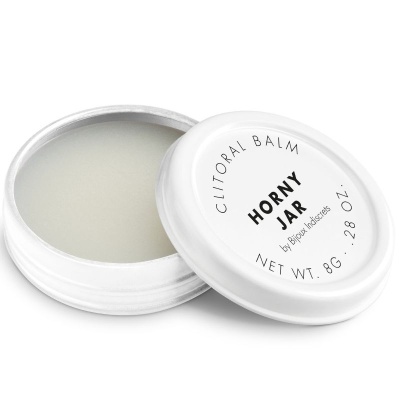 Pote branco de balm clitoriano HORNY JAR aberto com tampa ao lado