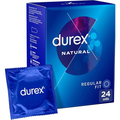 Caixa azul de preservativos Durex Natural com pacote individual azul