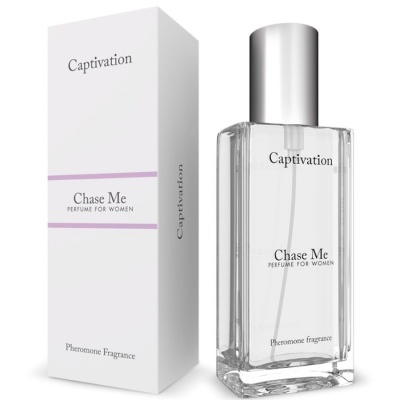 Frasco de perfume Captivation Chase Me para mulheres e sua embalagem branca com detalhes roxos