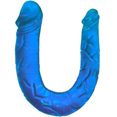 Dildo azul translúcido em forma de U com textura veias e duas extremidades em formato de pênis