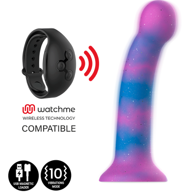 Vibrador colorido com padrão azul e rosa e pulseira preta wireless