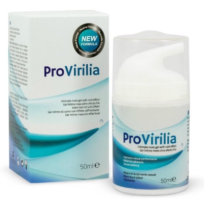 Gel íntimo ProVirilia para homem em embalagem branca e azul com 50 ml