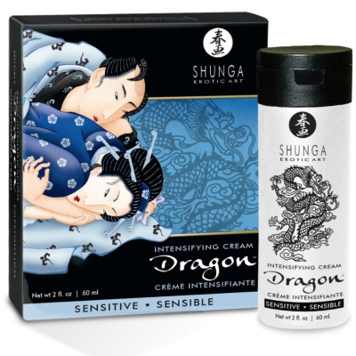 Creme intensificador Dragon da Shunga, tubo branco com dragão preto e caixa preta com ilustração japonesa