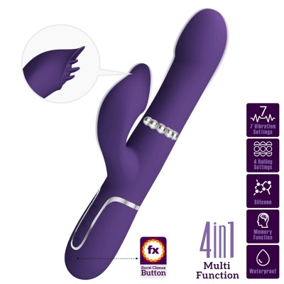 Vibrador roxo multi função com controlo por botões e ícones explicativos