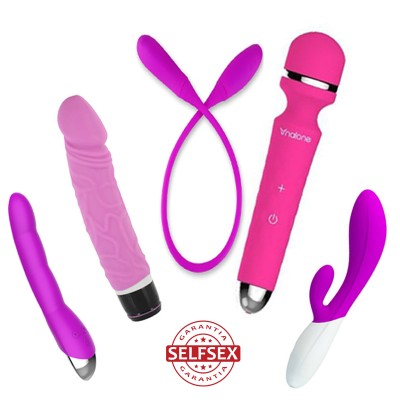 Cinco vibradores de silicone rosa e roxo com selo de garantia SELSEX