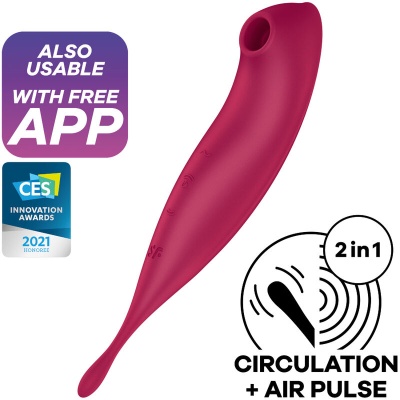 Produto vibrador vinho com controles e símbolos, texto sobre app grátis e prémio CES