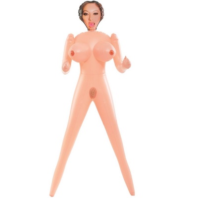 Boneca insuflável cor de pele com rosto feminino e busto pronunciado