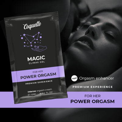 Pacote de gel Coquette Magic Climax Gel para orgasmo feminino em preto e lilás com casal desfocado ao fundo.