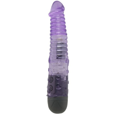 Vibrador roxo translúcido com base preta e textura estriada