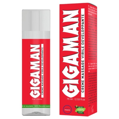 Frasco e caixa vermelhos de creme GIGAMAN com texto branco