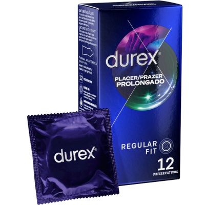Embalagem de preservativos Durex azul com 12 unidades e um preservativo individual