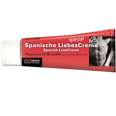 Tubo vermelho de creme Spanische LiebesCreme com imagem de torso masculino e texto em várias línguas.