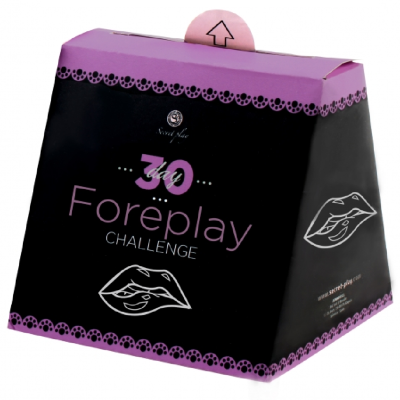 Caixa preta e lilás com texto '70 Foreplay CHALLENGE' e ilustrações de lábios