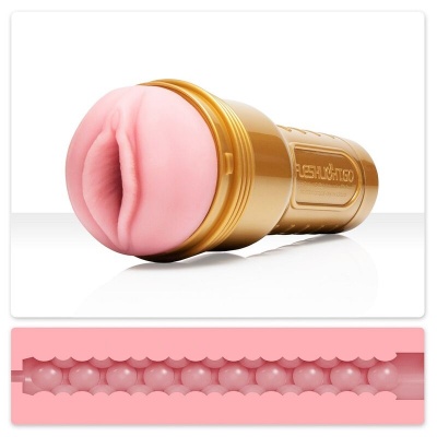 Masturbador masculino dourado e rosa com textura interna detalhada