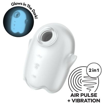 Produto em formato de fantasma branco com texto 'Glows In The Dark!' e 'AIR PULSE + VIBRATION'