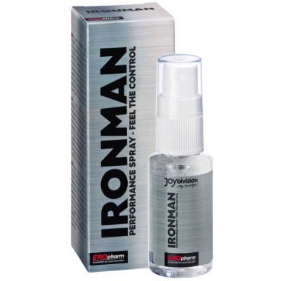 Frasco de spray IRONMAN ao lado da respetiva caixa cinza.