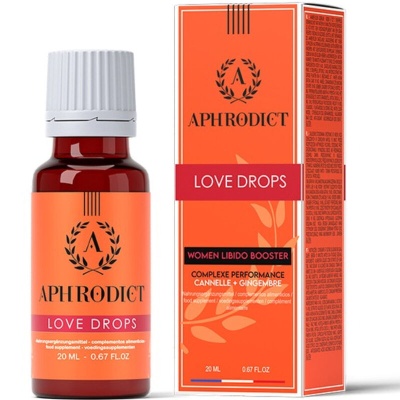 Frasco e caixa do suplemento Aphrodict Love Drops para aumento da libido feminina