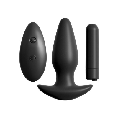 Conjunto de plug anal, comando remoto e vibrador pretos em silicone mate