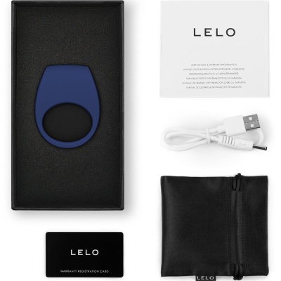 Conjunto de produto LELO com anel azul, cabo USB, cartão, guia e bolsa preta.