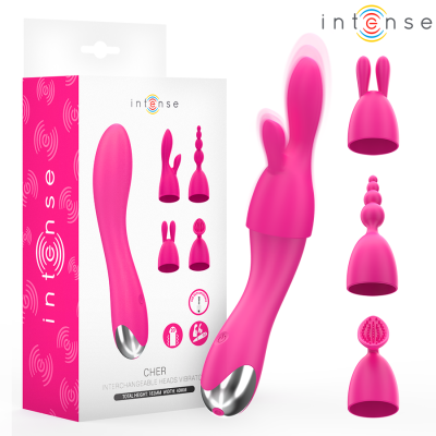 Vibrador rosa com quatro cabeças intercambiáveis e embalagem ao lado
