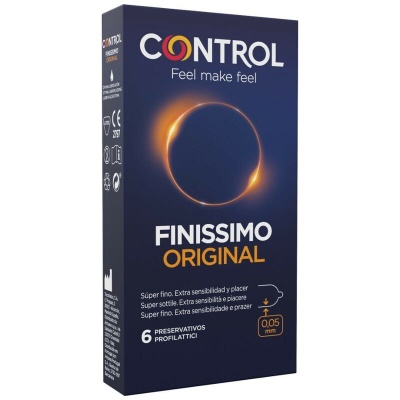Embalagem de preservativos CONTROL Finissimo Original azul escuro com texto branco e amarelo