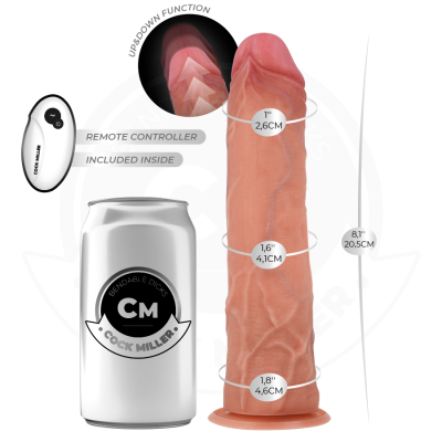 Dildo realista com ventosa, lata branca com selo CM e controle remoto branco.