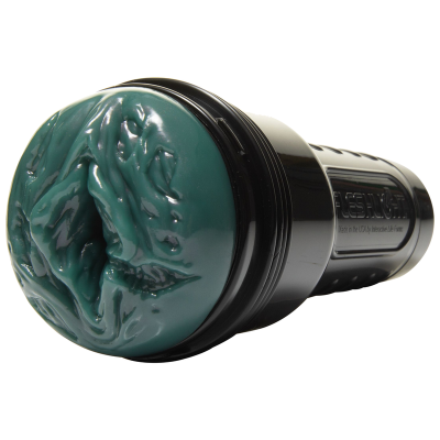 Masturbador masculino Fleshlight preto com interior verde e textura visível na abertura
