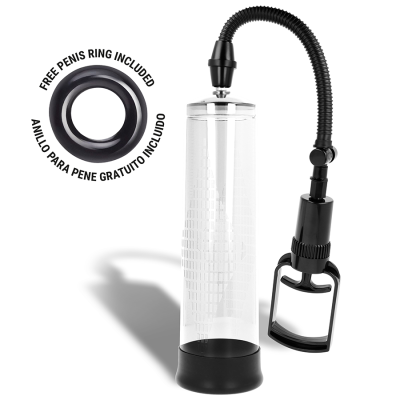 Bomba de aumento masculino transparente com base e manípulo pretos e anel para pénis preto incluído