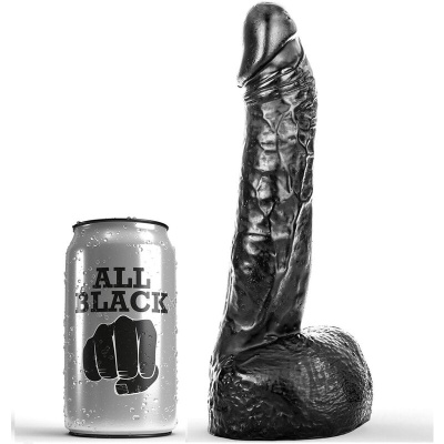 Dildo preto realista com lata prateada escrita ALL BLACK