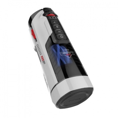 Recipiente cilindrico preto e branco com controles e texto LOVENSE