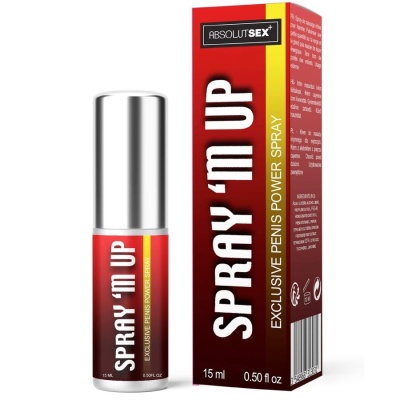 Frasco e caixa de spray SPRAY m UP em vermelho e amarelo, com tampa prateada.