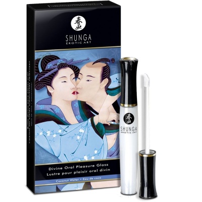 Frasco branco de gloss com tampa preta e embalagem preta com arte japonesa de casal e textos Shunga Erotic Art