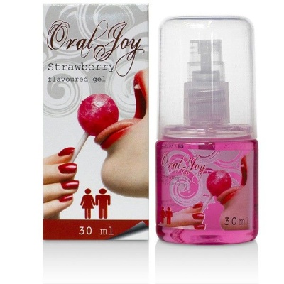 Gel comestível Oral Joy morango 30 ml com embalagem e frasco rosa e branco