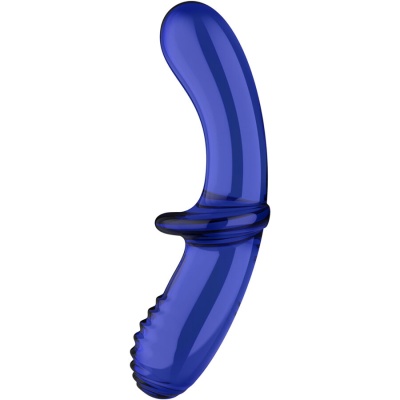 vibrador curvado azul translúcido com textura lisa e detalhes em saliências na base