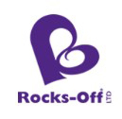 Logótipo roxo da Rocks-Off Ltd com símbolo em forma de coração e texto