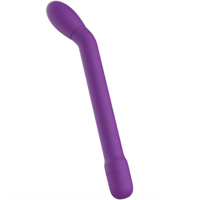 Vibrador roxo com ponta curva em fundo branco